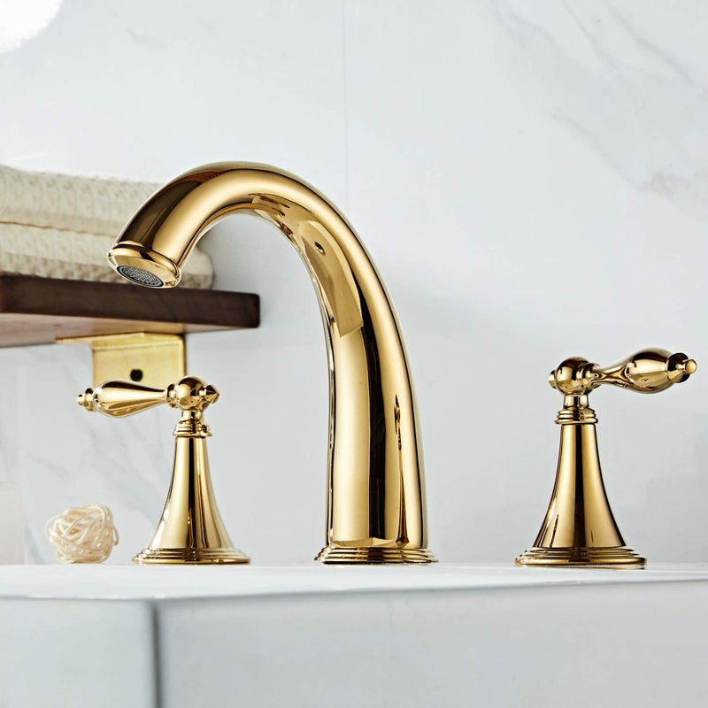 Beelee Gold Solid Brass Widespread Bathroom Faucet 3 Hole Two Handle Deck Mounted Faucet High Arc Lavatory Sink Taps with Ceramic Valve and 2 Hoses, Without Drain - Image 2